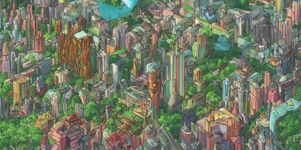 Prompt: future city covered by forest creature, flying, culture, smooth, by studio ghibli