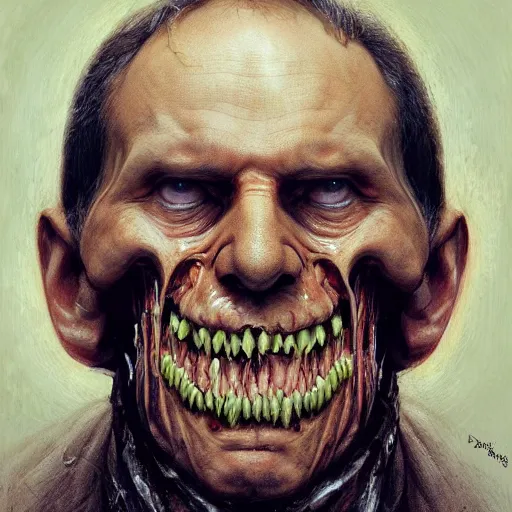 Image similar to a portrait of sergey lavrov, flesh eating worms, macabre, horror saw teeth, horror rotten teeth, peeling face skin, by donato giancola and greg rutkowski and wayne barlow and zdzisław beksinski, realistic face, visible face, digital art, artstation, symmetry