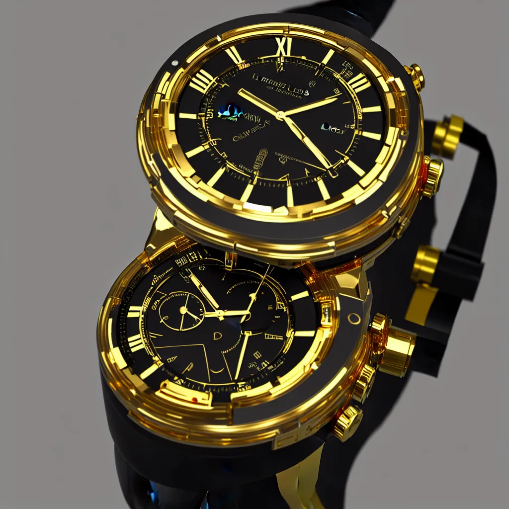 Image similar to full product photo of a 5 million dollar luxury men's watch with gold electronics and neon cybernetics, 4 k photorender realityengine