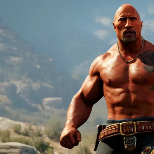 Prompt: High-quality screenshot of Dwayne The Rock Johnson in Red Dead Redemption 2, 8k cgsociety artstation