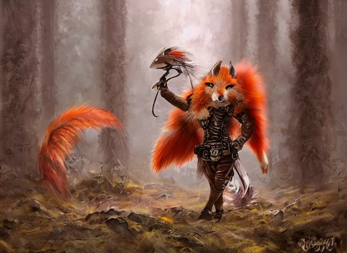 Image similar to ashigaru steampunk - inspired feathered anthropomorphic fox, colorful plumage, lacquered armor, cute but determined, hard focus, art station, by jessica rossier and brian froud, cinematic fantasy painting, orange grey white, in a woodland glade