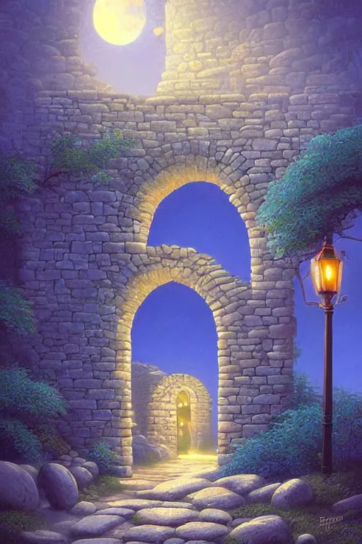 Prompt: beautiful digital painting of a stone archway in the moonlight by Evgeny Lushpin