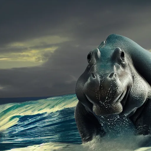 Image similar to hippopotamus on a surfboard, surfing bright blue waves of an ocean off hawaii, digital art, octane render, imax, trending on artstation, dark mood