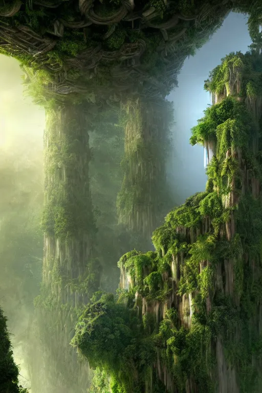 Image similar to ancient fractal temple deep in the future - megastructure in the hanging gardens of a radiant forest jungle, overgrown garden, scanned earth terrain fractal bridges, highly detailed erosion algorithm landscape, by albert bierdstat, by glenn small, high resolution, 8 k photorealism, populated by luminous beings, god rays in volumes of fog, looking up perspective