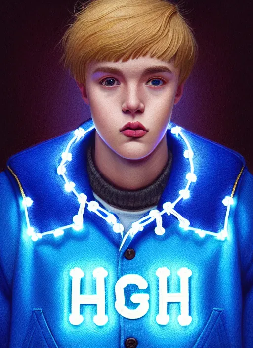 Image similar to portrait of high school senior boy named big moose, blonde short hair, jock, beefy, wide face, square jaw, square facial structure, blue varsity jacket with letter r, intricate, elegant, glowing lights, highly detailed, digital painting, artstation, concept art, sharp focus, illustration, art by wlop, mars ravelo and greg rutkowski