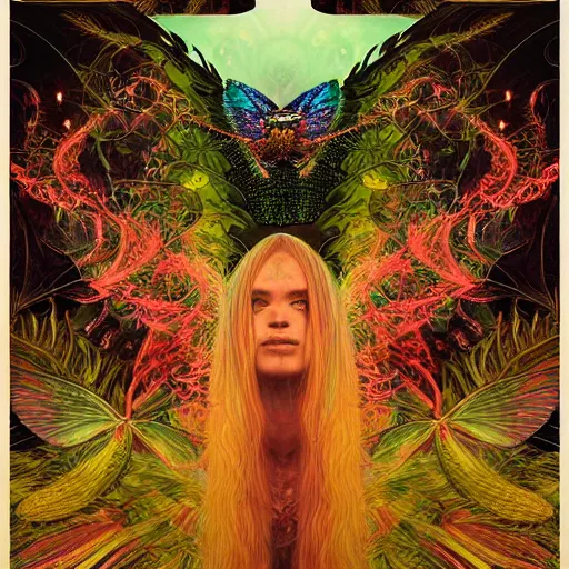 Prompt: A reality bending psychedelic ayahuasca experience in semi darkness with many fire flies, colorful, distorted, surreal, tropical bird feathers, dramatic lighting on the face, intricate, elegant, highly detailed, digital painting, concept art, smooth, sharp focus, illustration, art by Krenz Cushart and Wayne Barlowe and alphonse mucha