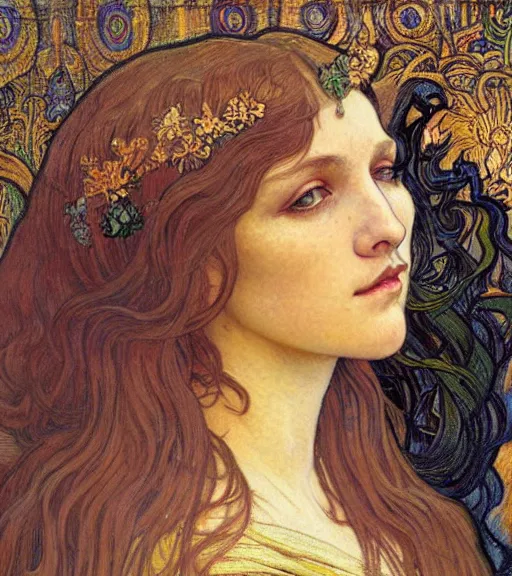 Image similar to detailed realistic beautiful young medieval queen face portrait by jean delville, alphonse mucha, vincent van gogh, and marco mazzoni, art nouveau, symbolist, visionary, gothic, pre - raphaelite