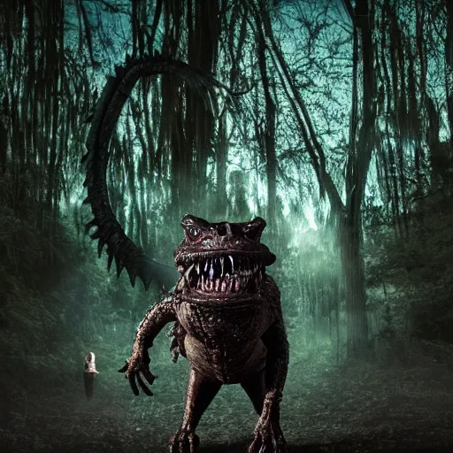 Image similar to werecreature consisting of a alligator and a human, werealligator, photograph captured in a dark forest