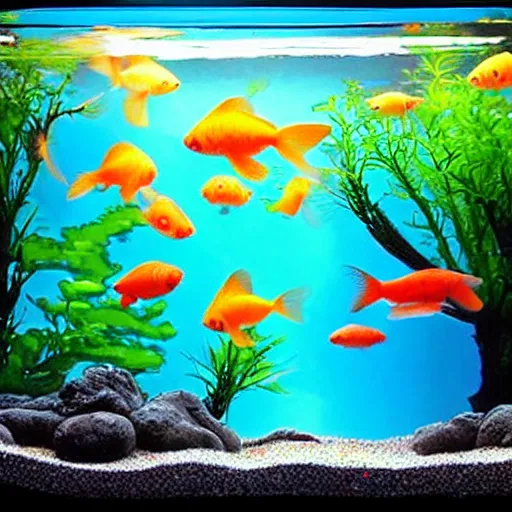 Prompt: beautiful aquarium full of cute beautiful goldfish, cartoon painting, style by anime studio ghibli