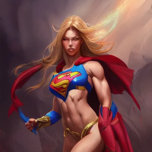 Image similar to muscular supergirl, deep focus, d & d, fantasy, intricate, elegant bikini, highly detailed, digital painting, artstation, concept art, matte, sharp focus, illustration, hearthstone, art by artgerm and greg rutkowski and alphonse mucha