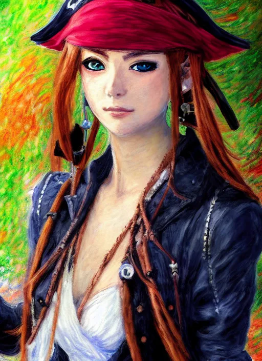 Image similar to a portrait of a female pirate, very anime in impressionist style, anime trending artwork, 4 k, anime painter studio, by claude monet