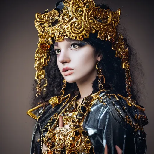 Image similar to a photo of a young female wearing wearable art, baroque, ornate, photorealistic, studio shoot, 8 k