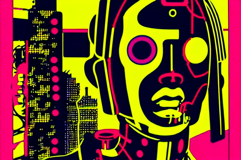 Prompt: ⚠ 👽 💉 ☠ 💢 😱 futuristic japanese cyberpunk by roy lichtenstein, by andy warhol, ben - day dots, pop art, bladerunner, pixiv contest winner, cyberpunk style, cyberpunk color scheme, mechanical, high resolution, hd, intricate detail, fine detail, 8 k