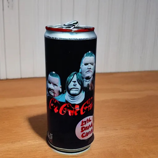 Prompt: a new can of coke with rick astley with slipknot in the can