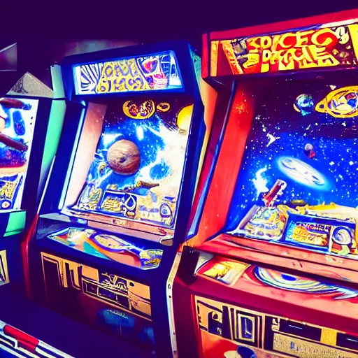 Prompt: A space-themed retro pinball machine in an arcade, photorealistic, studio lighting