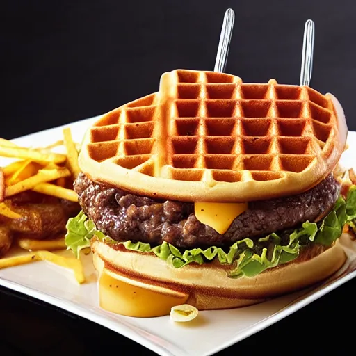 Prompt: waffle iron dick's drive - in burger