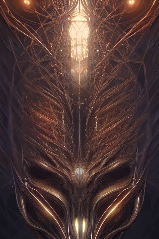 Image similar to professional concept art symmetrical portrait of a horrendous mechanical predatory fractal! species in a dark room by artgerm and greg rutkowski. an intricate, elegant, highly detailed digital painting, concept art, smooth, sharp focus, illustration, in the style of cam sykes.