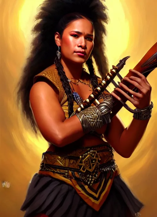 Prompt: a _ fantasy _ style _ portrait _ painting _ of samoan female charismatic bard playing instrument, rpg dnd oil _ painting _ unreal _ 5 _ daz. _ rpg _ portrait _ extremely _ detailed _ artgerm _ greg _ rutkowski _ greg