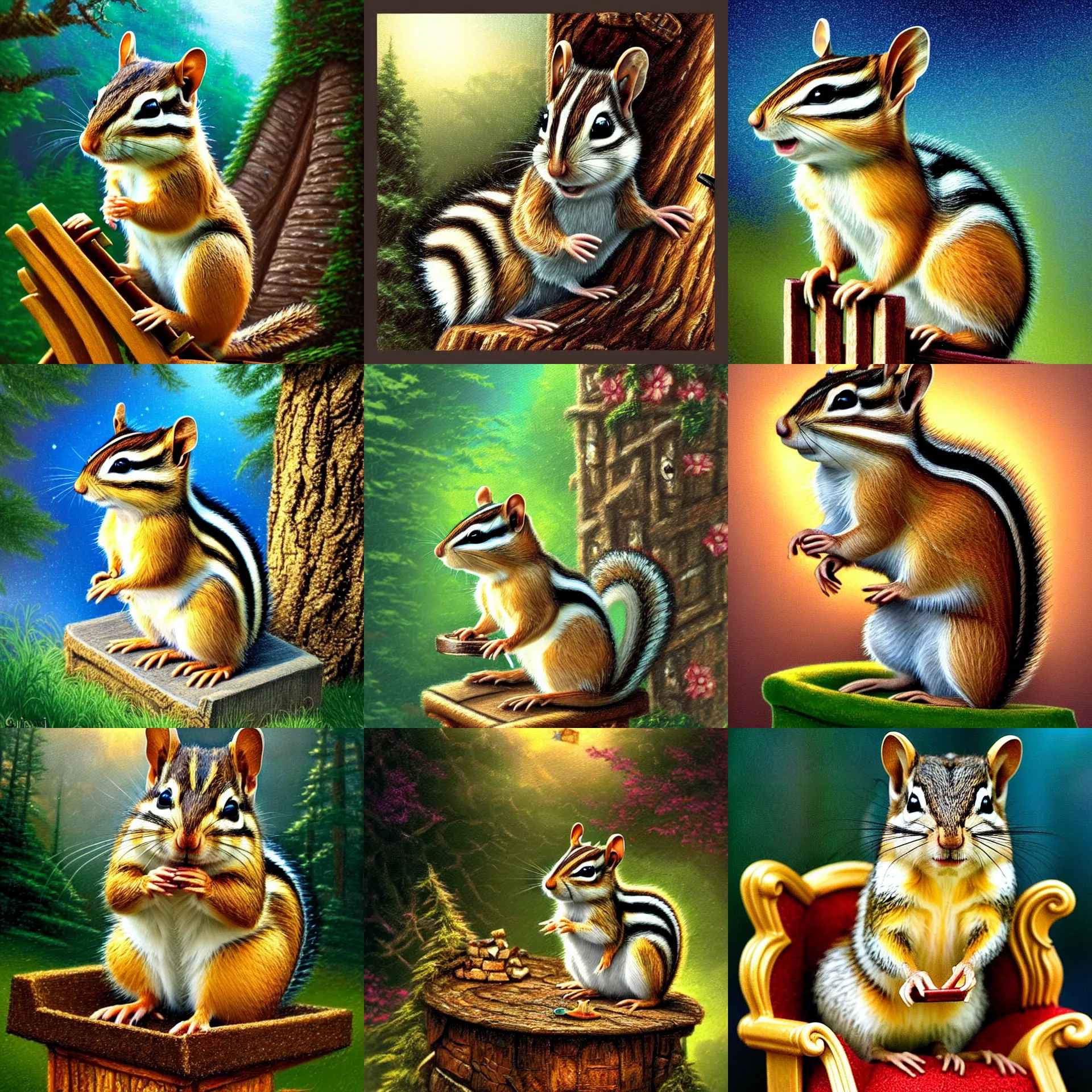 Prompt: highly detailed, a chipmunk that looks like elvis, sitting on his throne in his castle, atmospheric lighting, nice composition, art inspired by thomas kinkade,