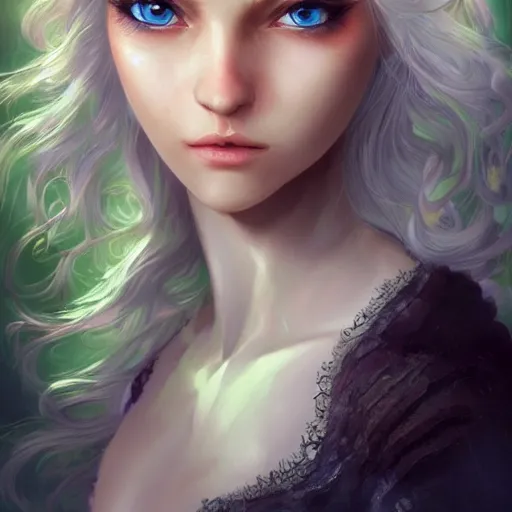 Prompt: portrait of a beautiful young woman with bright blue eyes, flowing white hair, dressed in a green, detailed face, fantasy, highly detailed, cinematic lighting, digital art painting by artgem, trending on artstation, very very beautiful, very attractive, high fantasy