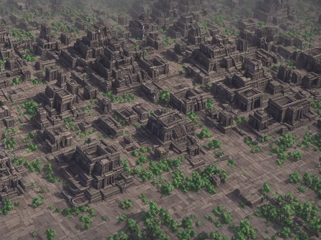 Prompt: A game concept art of city map with huge aztec temple in center and wide straight roads. Octane renderer, artstation, extremely high details