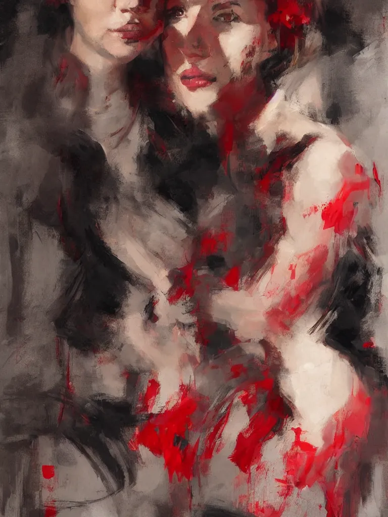 Image similar to spontaneous unfinished romantic portrait under painting, beautiful juicy brush strokes, by richard schmid and sargent, dark, black and red, trending on cgsociety