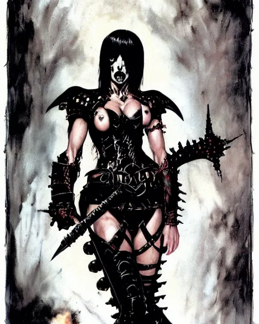 Image similar to portrait of a skinny punk goth sorceress wearing armor by simon bisley, john blance, frank frazetta, fantasy