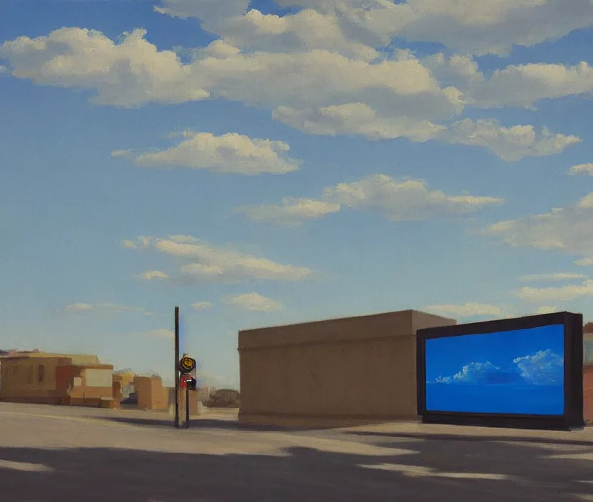 Image similar to a very detailed painting of one billboard which has written do aliens exist? on it, baby blue sky with very aesthetic stylized clouds, in the style of edward hopper, very small brushstrokes, 4 k,