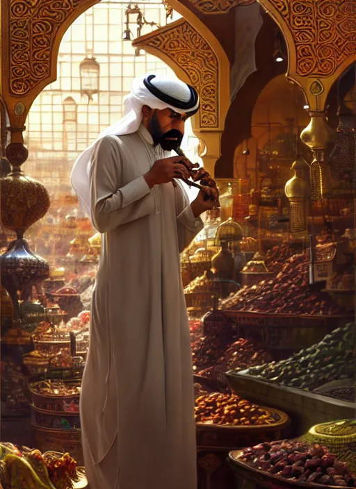 Prompt: an arabian man smoking a pipe in the market, shiny, fantasy, intricate, elegant, hyper detailed, ultra definition, photoreal, artstation, unreal engine rendered, concept art, smooth, sharp focus, illustration, art by artgerm and greg rutkowski and alphonse mucha and garis edelweiss