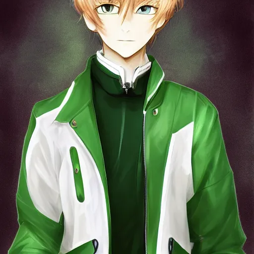 Prompt: cute white anime catboy wearing green jacket anthropomorphic, anime, digital painting