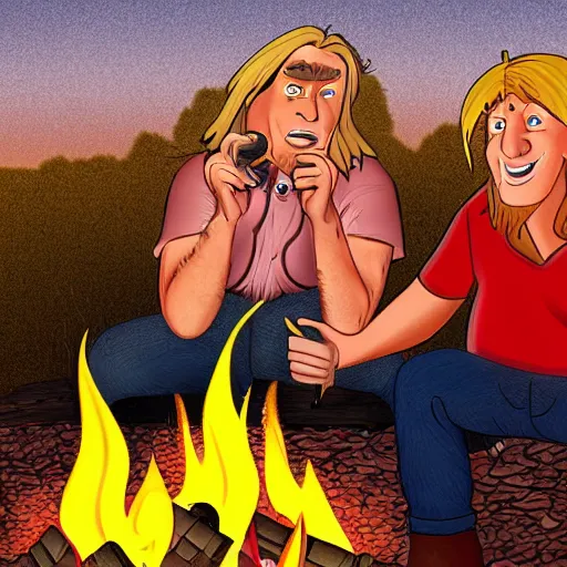 Image similar to cartoon image of hillbilly with long blonde hair at a bonfire with his australian shepherd