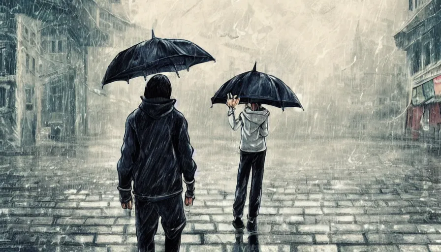 Image similar to detailed anime art. hooded boy holding an umbrella, walking through a ( rainy ) street. ( ruined ) buildings in the background. ( cinematic detailing ) ( anime art )