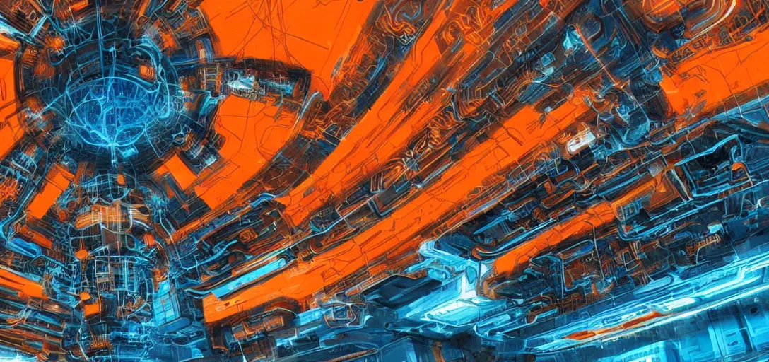 Image similar to epic sci - fi mothership interior and exteror - machinery, tubes wires path intricate high detail matte painting masterpiece orange blue warm tones quiet