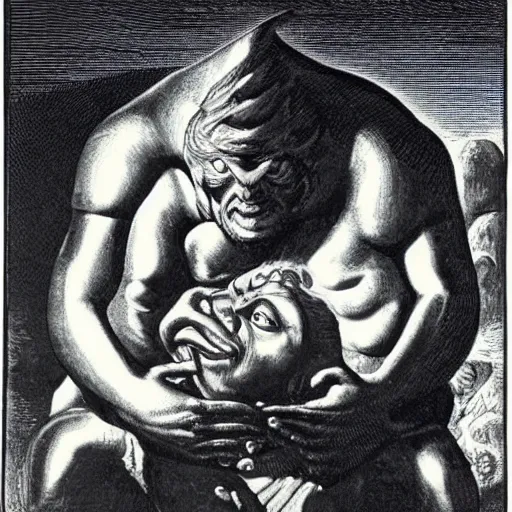 Image similar to The sculpture shows a the large, black-clad figure of the king looming over a small, defenseless figure huddled at his feet. The king's face is hidden in shadow, but his menacing stance and the large, sharp claws on his hands make it clear that he is a dangerous and powerful creature. by Hendrick Goltzius, by Grant Wood, by W. Heath Robinson lush