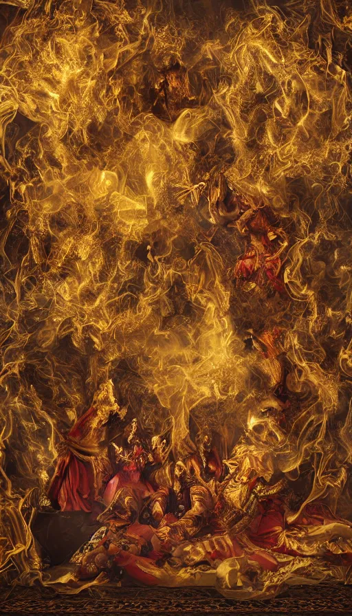 Image similar to 'Deamons Invade The Holy See' by István Sándorfi royally decorated, whirling smoke, embers, gold encrustations , gilt silk torn fabric, radiant colors, fantasy, perfect lighting, studio lit, micro details,