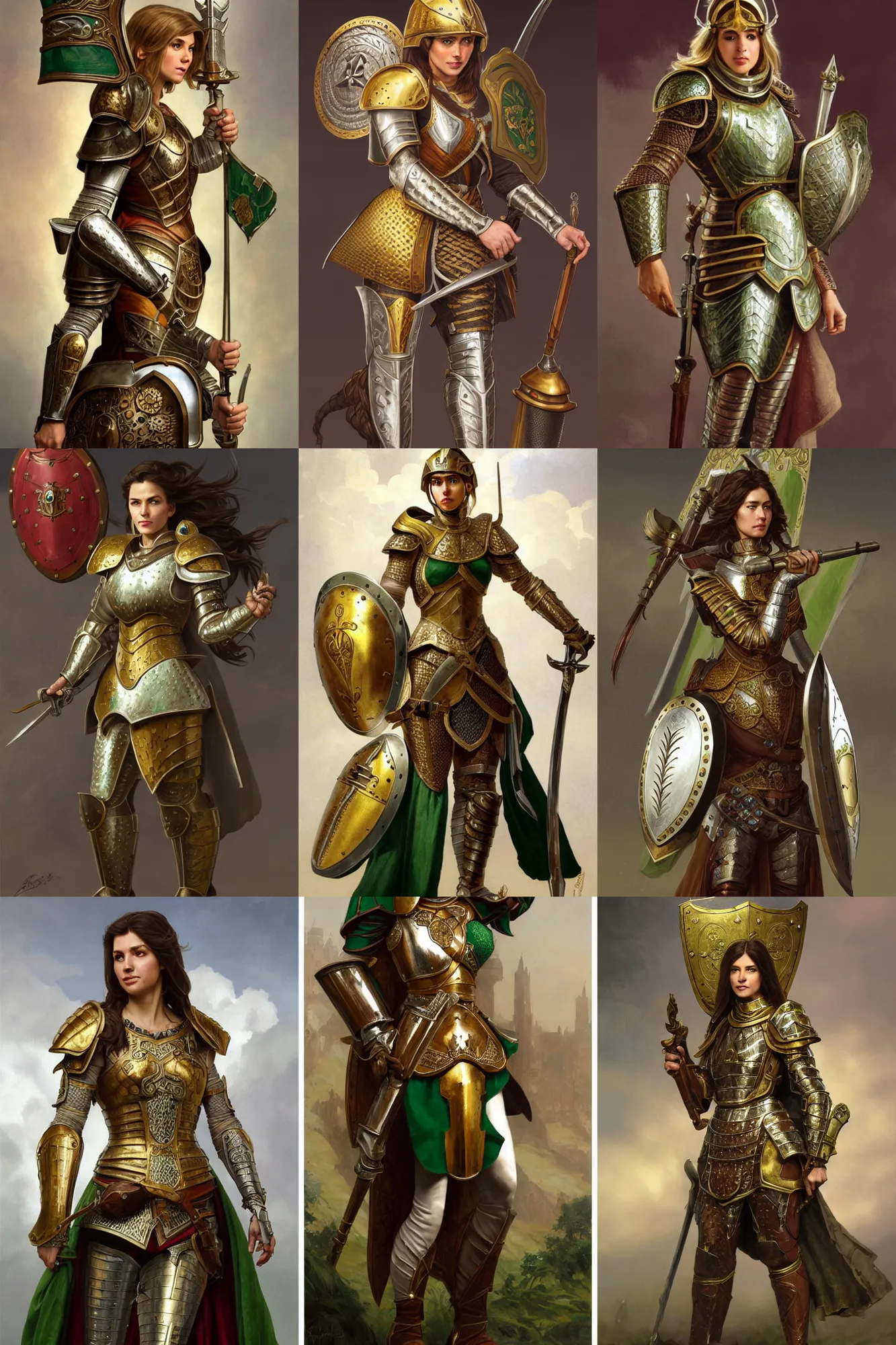 Prompt: full body portrait of a female italian warrior medium length brown hair and a very highly detailed face wearing elegant golden plate mail armor with green and white accents, holding a large tower shield and a long flintlock pistol, highly detailed, digital fantasy painting, artstation, character concept art, sharp focus, illustration, art by artgerm and greg rutkowski and alphonse mucha