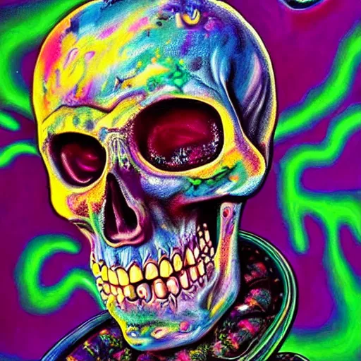 Prompt: extravagant and complex painting with almost quantum details of a hybrid of a zombie skull with a cap, riding a skateboard at full speed and you can see the mandiba, psychedelic mad surreal new psy horror art