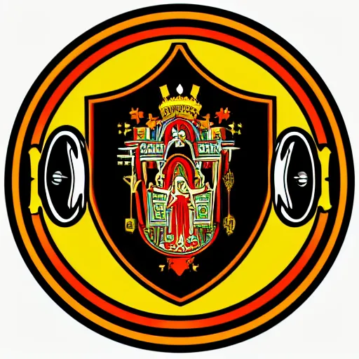 Image similar to svg vector sticker of absolutely CATHOLIC divine-deity-angel-eagle heraldry, royalty, family-crest, rocking out, wearing headphones, huge speakers, dancing, rave, cathedral, pope, DJ, spinning records, digital art, amazing composition, rule-of-thirds, award-winning, trending on artstation, featured on deviantart