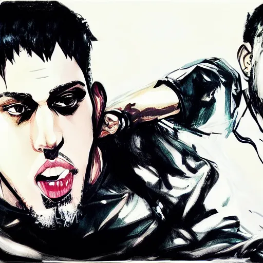 Image similar to An illustration of Kanye West beating up Pete Davidson by Yoji Shinkawa, anime, detailed, ultrarealistic UHD faces, cel-shaded