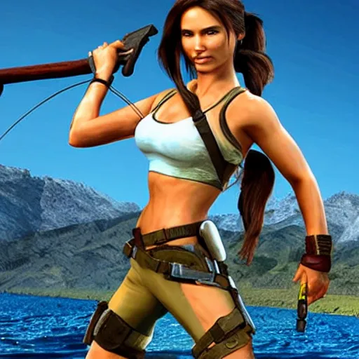 Image similar to lara croft poses with her big fish catch