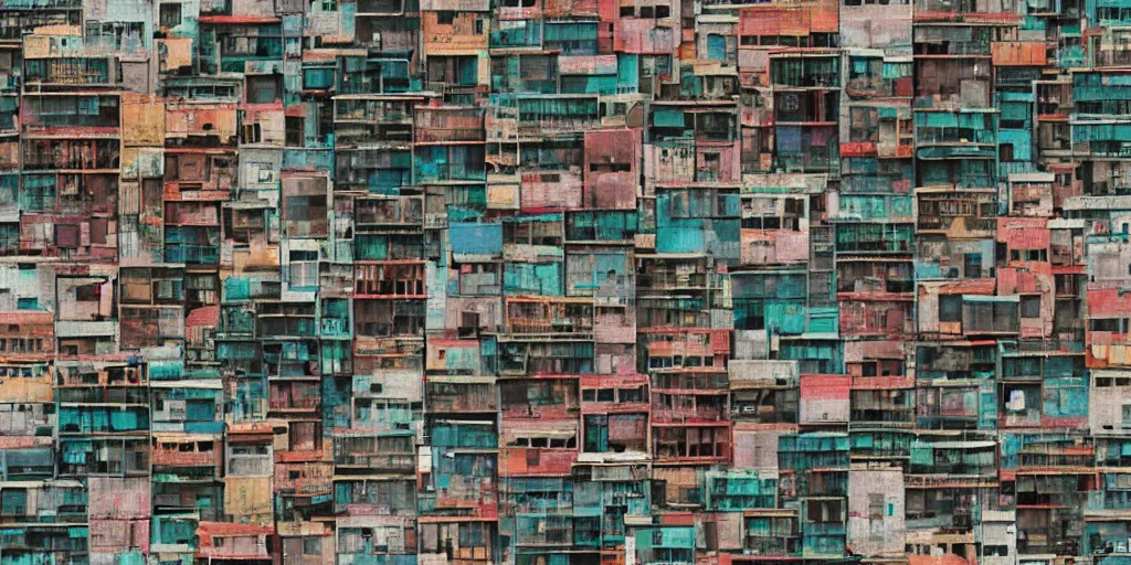 Prompt: tekkonkinkreet style horizontal painted texture of favela buildings, for 3 d model, seamless, vibrant,