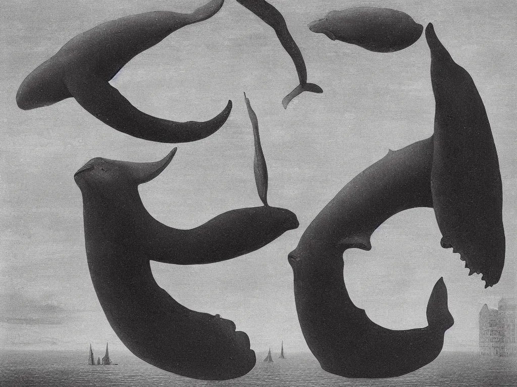 Prompt: whale body made of transparent glass with visible sanguine system floating over the dark city. painting by karl blossfeldt, agnes pelton, rene magritte, walton ford, caspar david friedrich