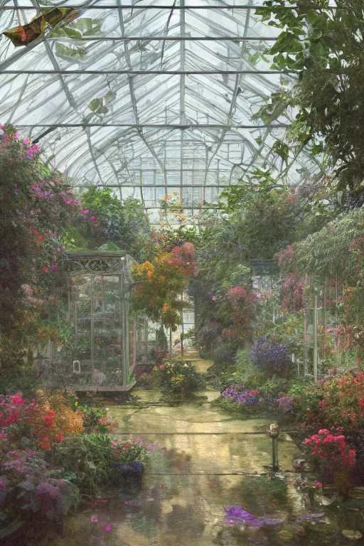 Image similar to a beautiful painting of a greenhouse, rainy, gloomy and depressed, dark, shimmering and prismatic, lumion render, rococo, by krenz cushart and mucha and monet, trending on artstation.