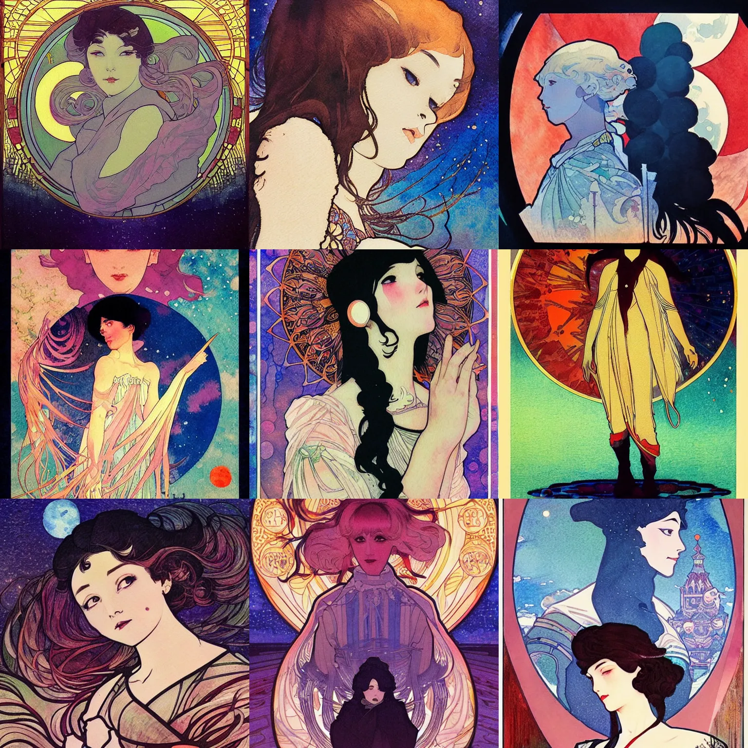Prompt: the moon. beautiful, realistic painting by mucha and kuvshinov and bilibin and malevich. synthwave watercolor, thick lining, manga, soviet realism