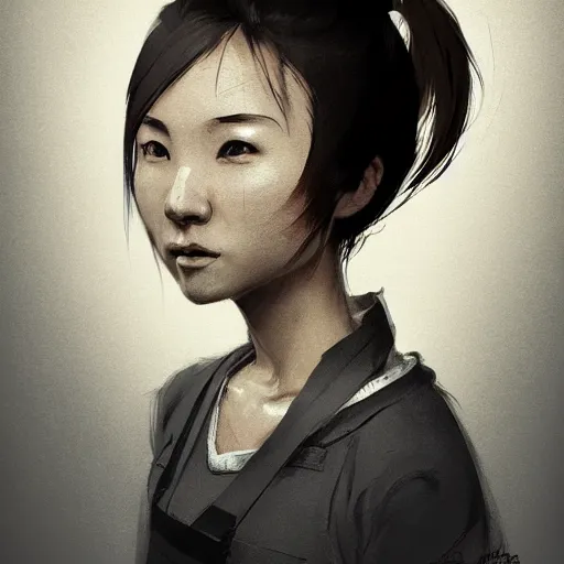 Image similar to portrait of a short muscular Japanese woman with a short ponytail wearing a gray t shirt and a work apron, dramatic lighting, illustration by Greg rutkowski, yoji shinkawa, 4k, digital art, concept art, trending on artstation