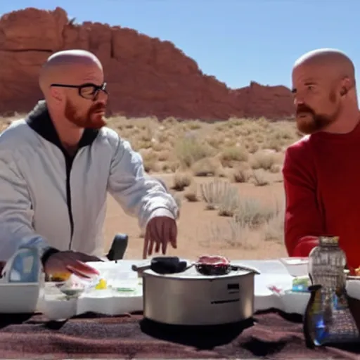 Image similar to walter white and jessie pinkman cooking meth in their rv in the desert,