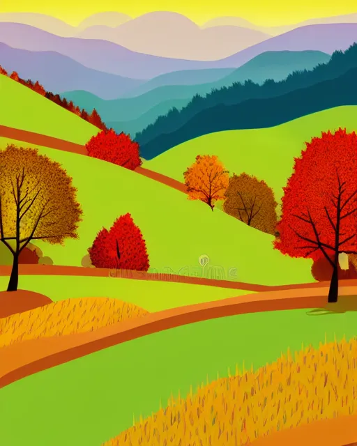 Prompt: autumn hillside boy hiking illustration fine texture, dynamic composition, detailed, matte print