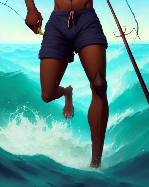 Prompt: a 3 0 - year old athletic and beautiful male jamaican, fisherman, modern clothing, magical fishing rod weapon, ocean background, unreal engine, fantasy art by greg rutkowski, loish, rhads, makoto shinkai and lois van baarle, ilya kuvshinov, rossdraws, tom bagshaw, global illumination, radiant light, detailed and intricate environment