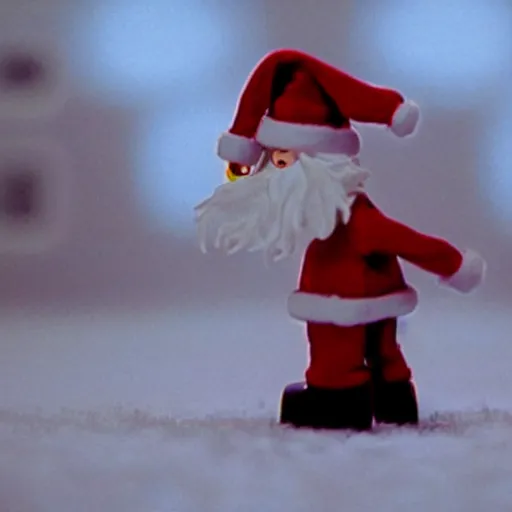 Image similar to a cinematic film still from a 2001 Pixar horror movie about an evil robotic Santa, in the style of Pixar, shallow depth of focus