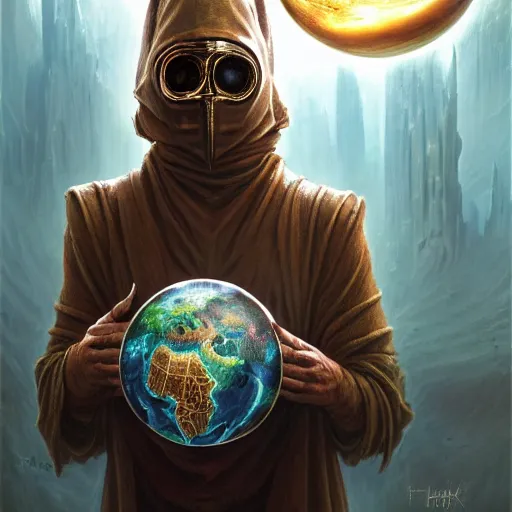 Image similar to masked nomad male wearing a cloak on an alien world and holding a holographic planet projection in his hand, detailed, sci - fi, digital painting, artstation, sharp focus, illustration, ominous, artgerm, tomasz alen kopera, peter mohrbacher, donato giancola, joseph christian leyendecker, wlop, frank frazetta